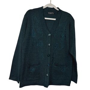 Annabelle Long Sleeve Embroidered Knit Cardigan Teal Womens Size M/L